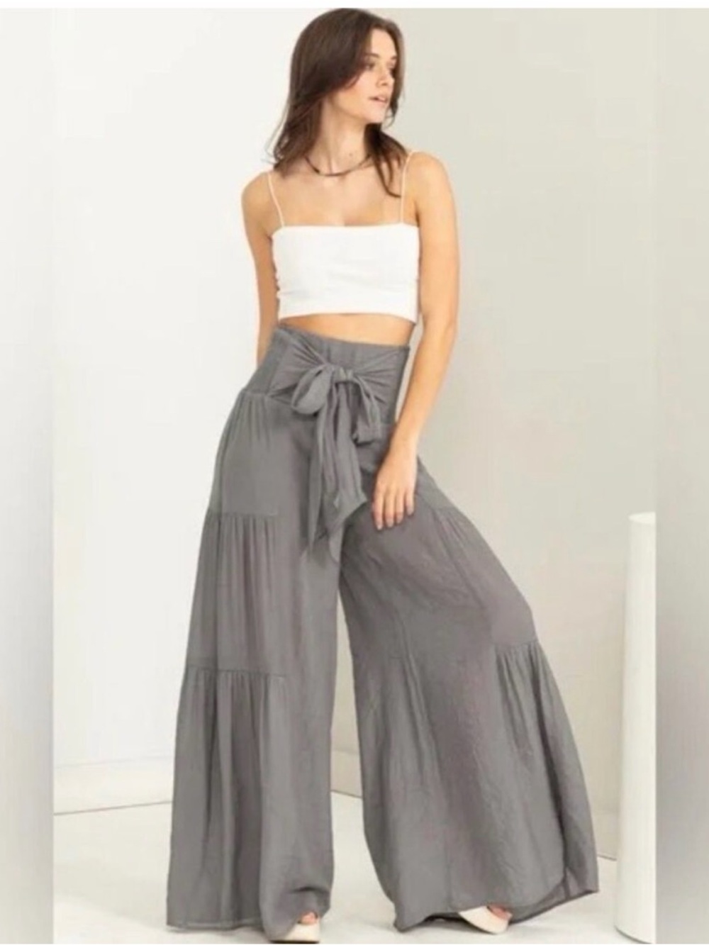 NWT HYFVE Grey‎ Tierred Palazzo Front Tie Wide Leg